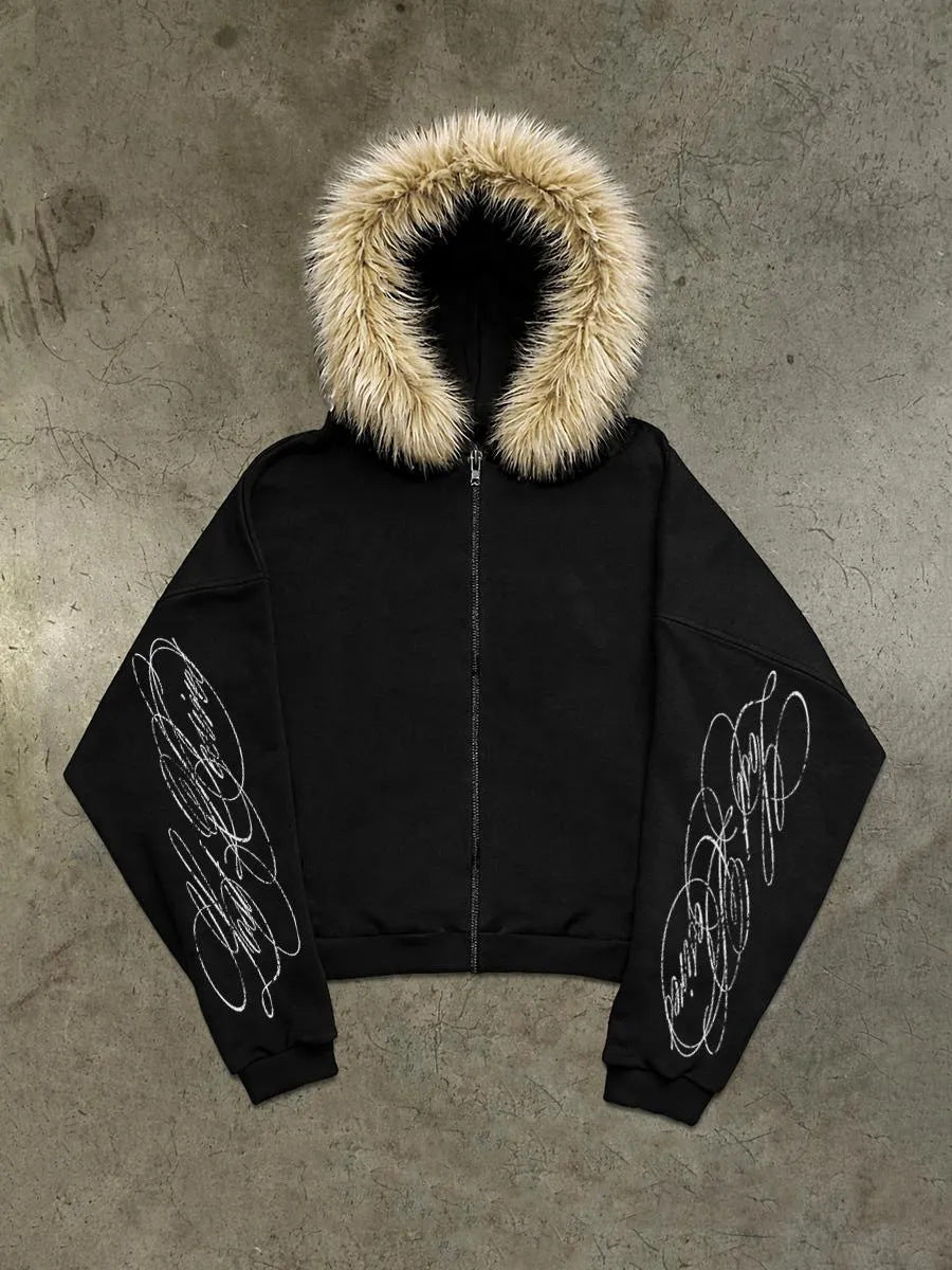 Printed Hooded Sweatshirt with Plush Material