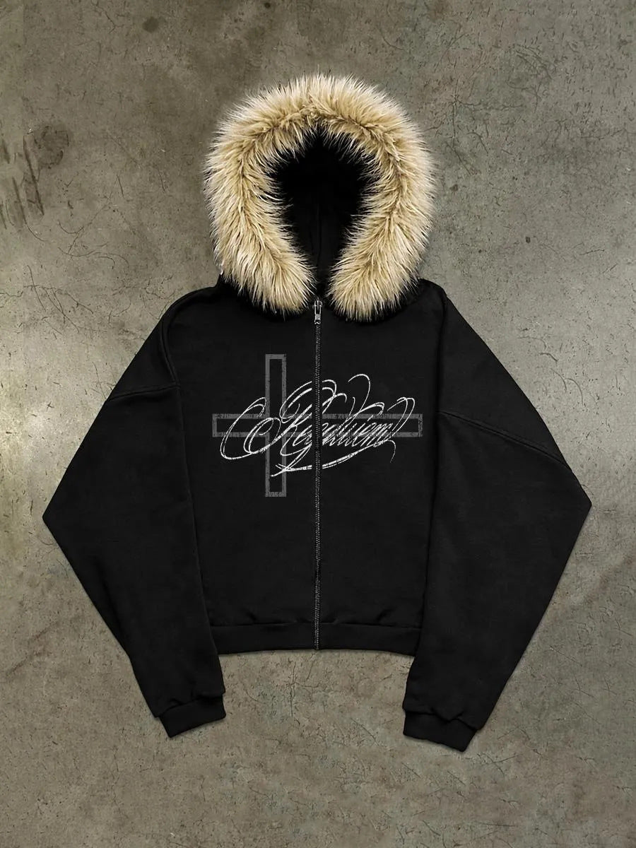 Printed Hooded Sweatshirt with Plush Material