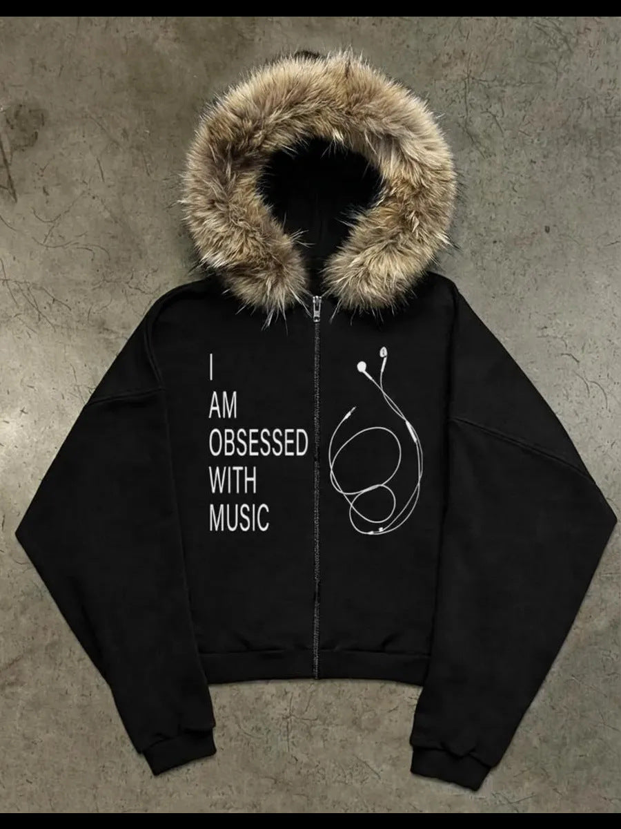 Printed Hooded Sweatshirt with Plush Material