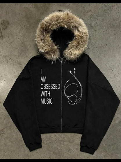 Printed Hooded Sweatshirt with Plush Material