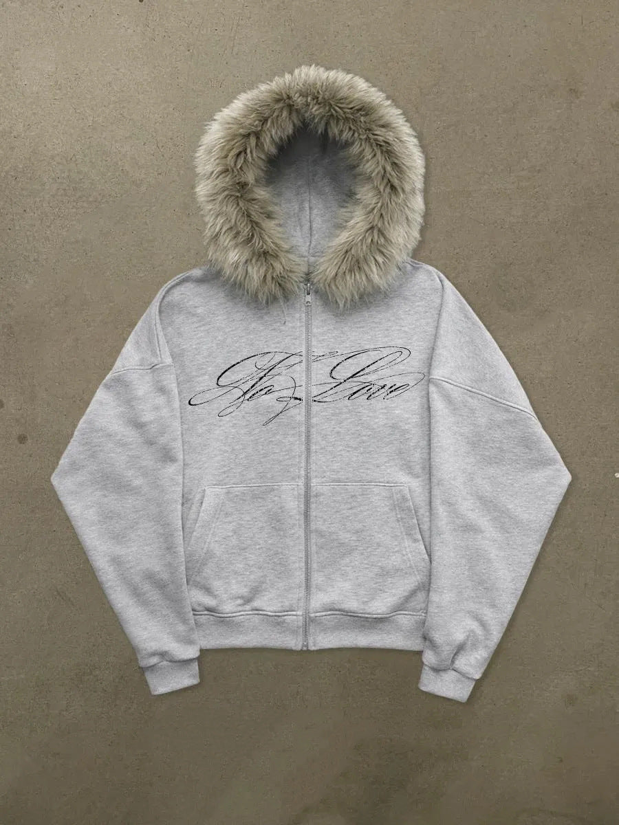 Printed Hooded Sweatshirt with Plush Material