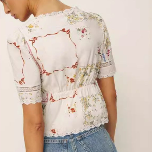 Printed Lace U-Neck Short Sleeve Shirt for Women