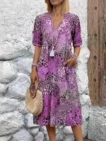 Printed Lace V-Neck Short-Sleeved Dress
