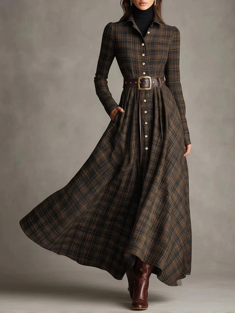 Printed lapel elastic waist dress