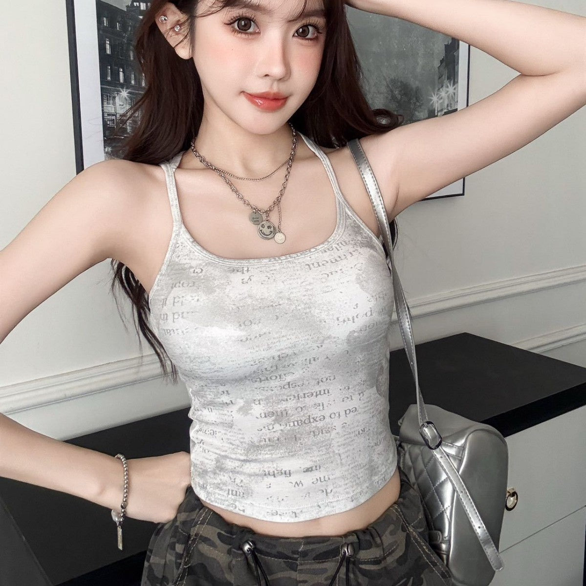 Printed Letter Sleeveless Camisole with Pads