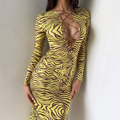 Printed long-sleeved dress with open front for women