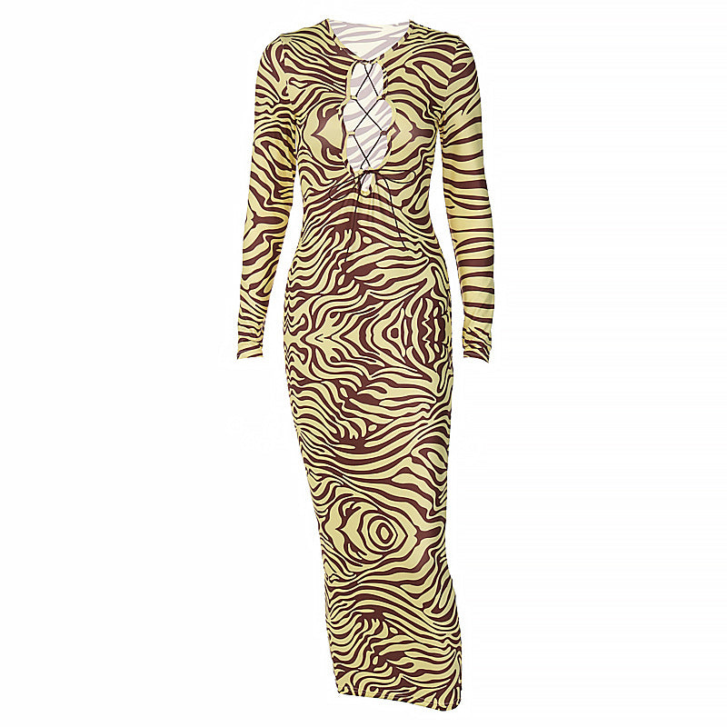 Printed long-sleeved dress with open front for women