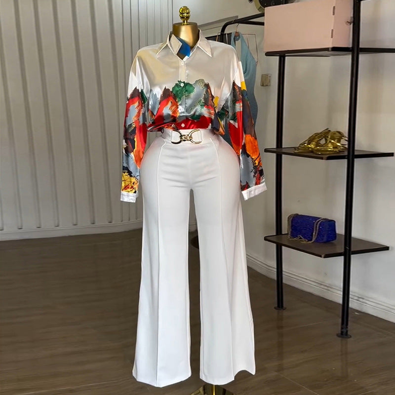 Printed Long-Sleeved Shirt Wide-Leg Pants