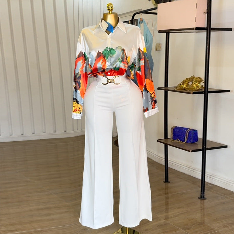 Printed Long-Sleeved Shirt Wide-Leg Pants