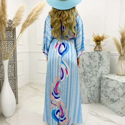 Printed Loose Lace-Up Elegant Large Hem Dress