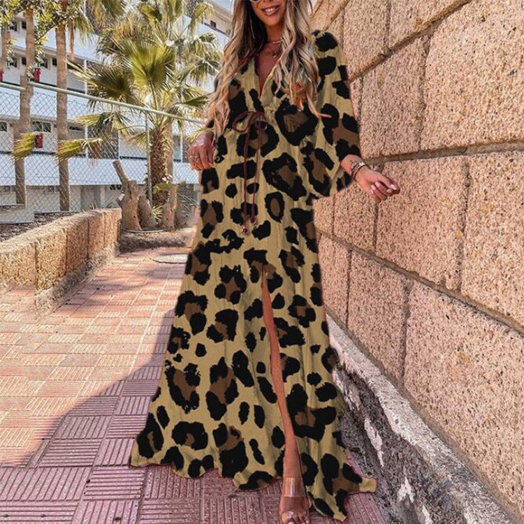 Printed Loose Lace-Up Elegant Large Hem Dress