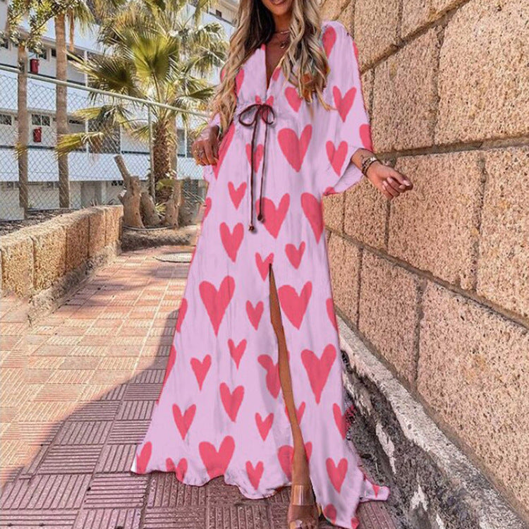 Printed Loose Lace-Up Elegant Large Hem Dress