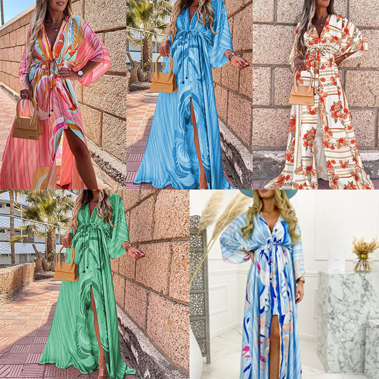 Printed Loose Lace-Up Elegant Large Hem Dress