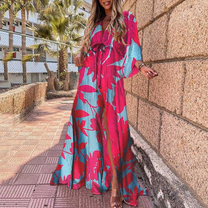 Printed Loose Lace-Up Elegant Large Hem Dress