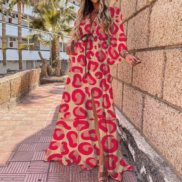 Printed Loose Lace-Up Elegant Large Hem Dress