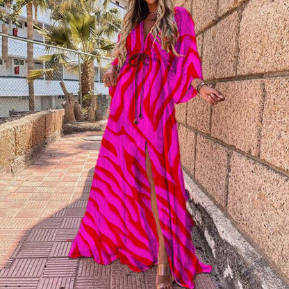 Printed Loose Lace-Up Elegant Large Hem Dress