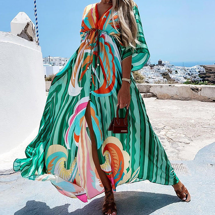 Printed Loose Lace-Up Elegant Large Hem Dress