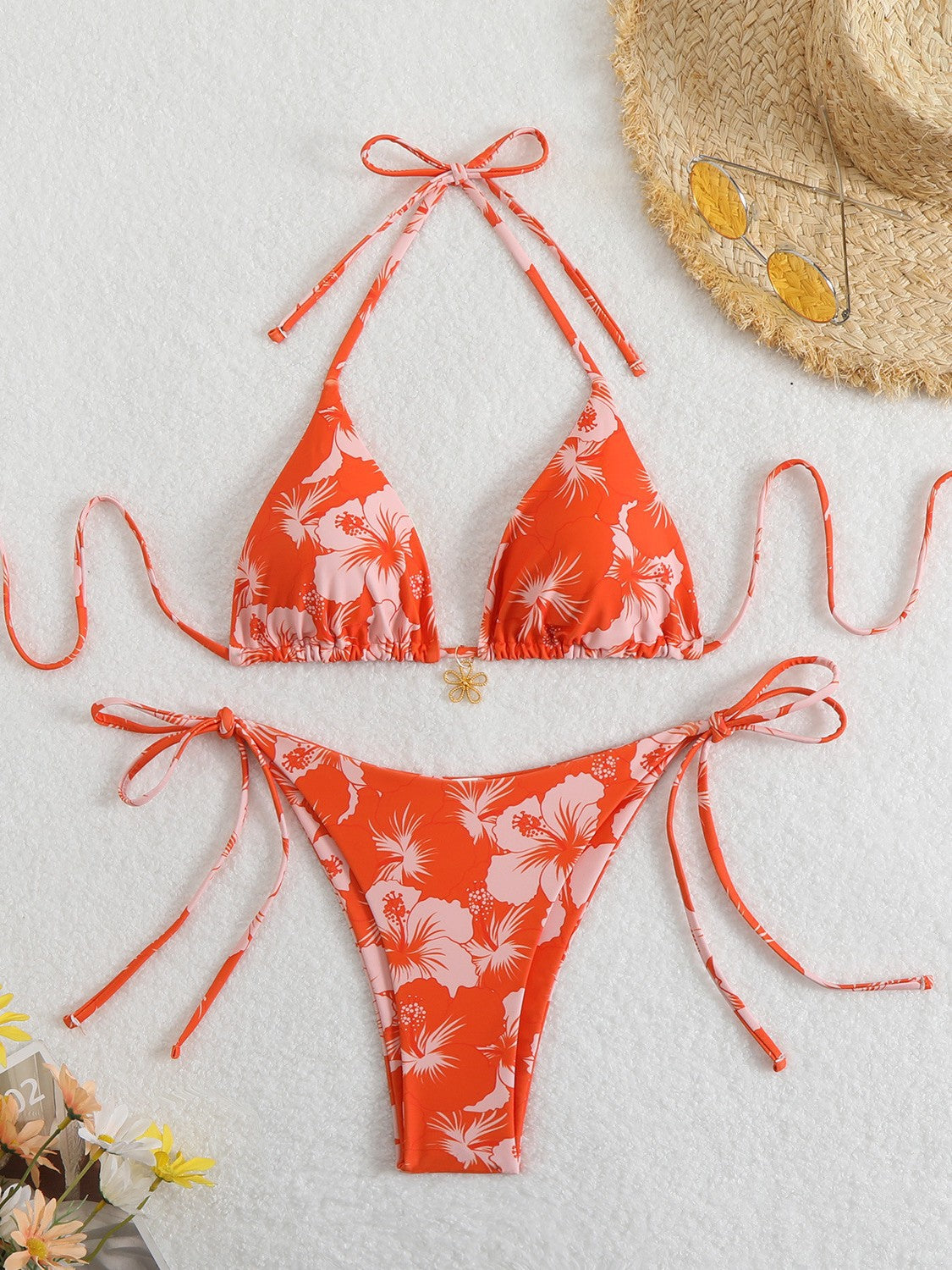 Printed Neck Strap Bikini Swimsuit