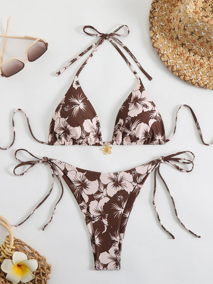 Printed Neck Strap Bikini Swimsuit