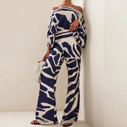 Printed Off-Shoulder Batwing Sleeve Wide-Leg Pants