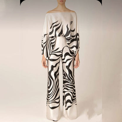 Printed Off-Shoulder Batwing Sleeve Wide-Leg Pants