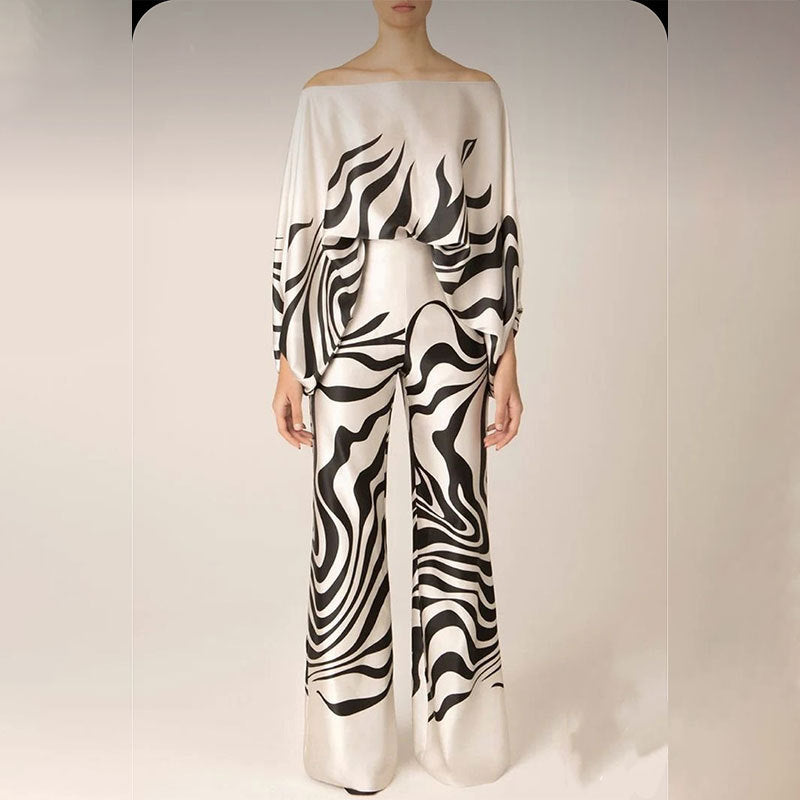 Printed Off-Shoulder Batwing Sleeve Wide-Leg Pants