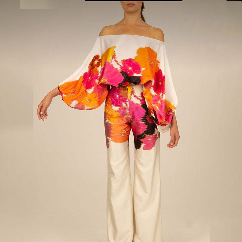 Printed Off-Shoulder Batwing Sleeve Wide-Leg Pants