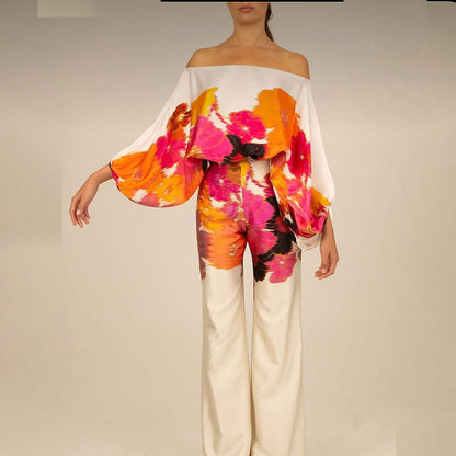 Printed Off-Shoulder Batwing Sleeve Wide-Leg Pants