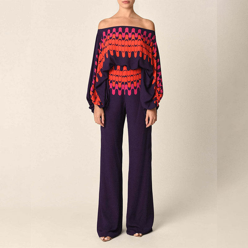 Printed Off-Shoulder Batwing Sleeve Wide-Leg Pants