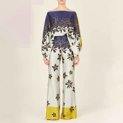 Printed Off-Shoulder Batwing Sleeve Wide-Leg Pants