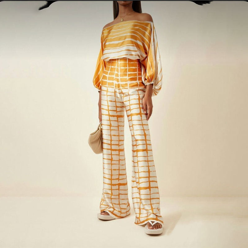 Printed Off-Shoulder Batwing Sleeve Wide-Leg Pants