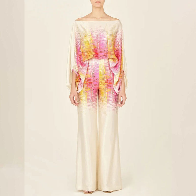 Printed Off-Shoulder Batwing Sleeve Wide-Leg Pants