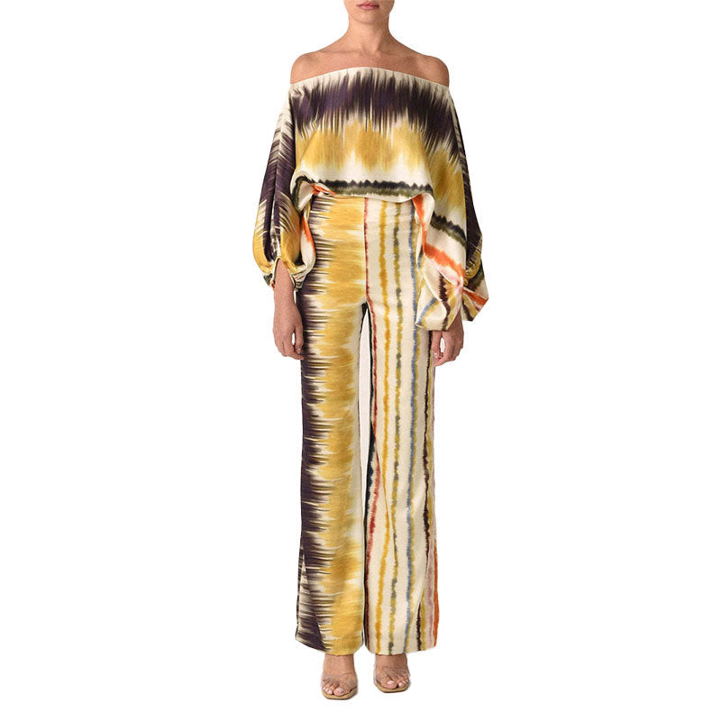 Printed Off-Shoulder Batwing Sleeve Wide-Leg Pants
