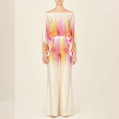 Printed Off-Shoulder Batwing Sleeve Wide-Leg Pants
