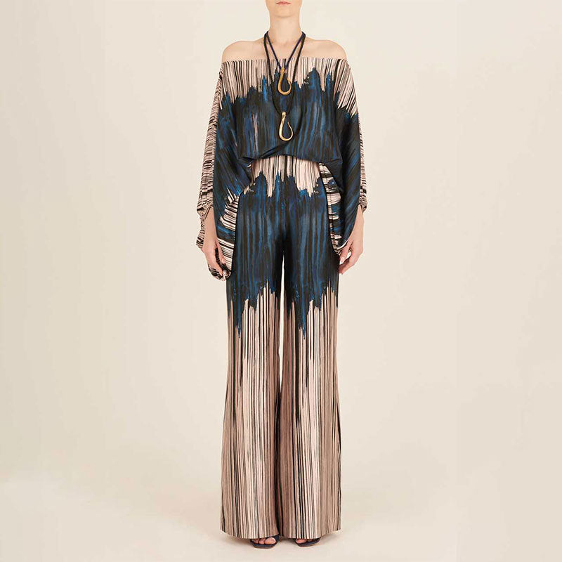 Printed Off-Shoulder Batwing Sleeve Wide-Leg Pants