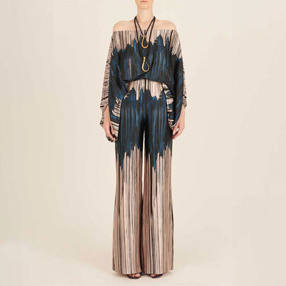 Printed Off-Shoulder Batwing Sleeve Wide-Leg Pants