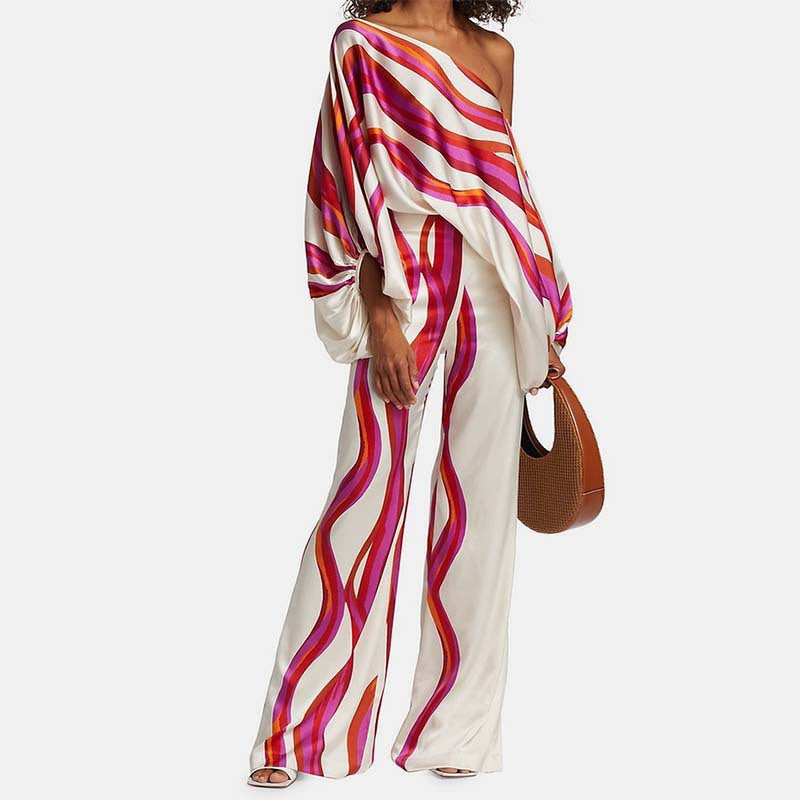 Printed Off-Shoulder Batwing Sleeve Wide-Leg Pants