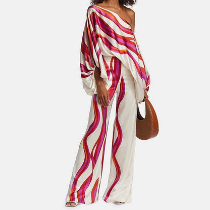 Printed Off-Shoulder Batwing Sleeve Wide-Leg Pants