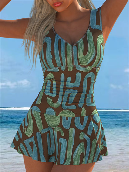 Printed One-Piece Swimsuit with Skirt