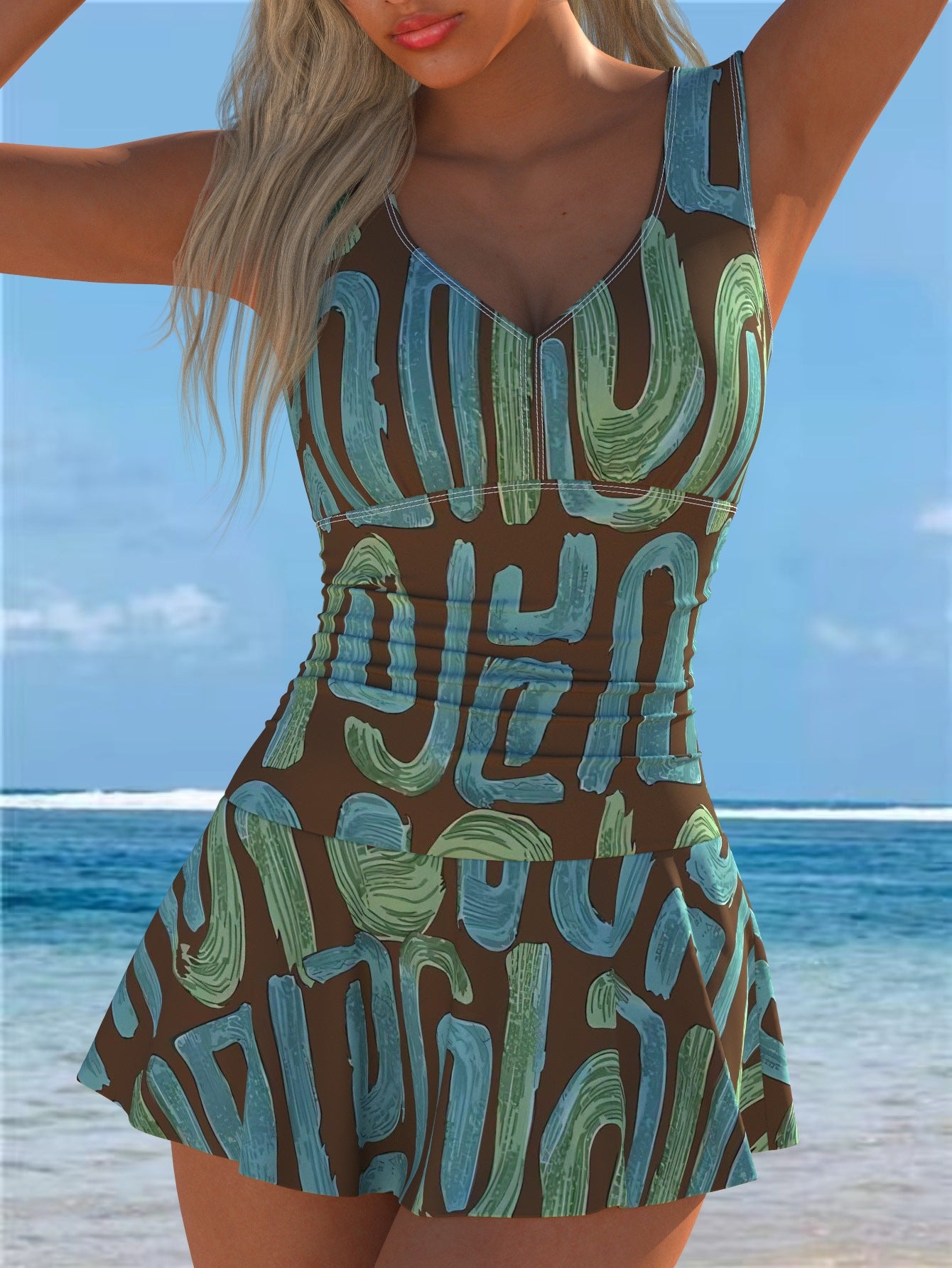 Printed One-Piece Swimsuit with Skirt