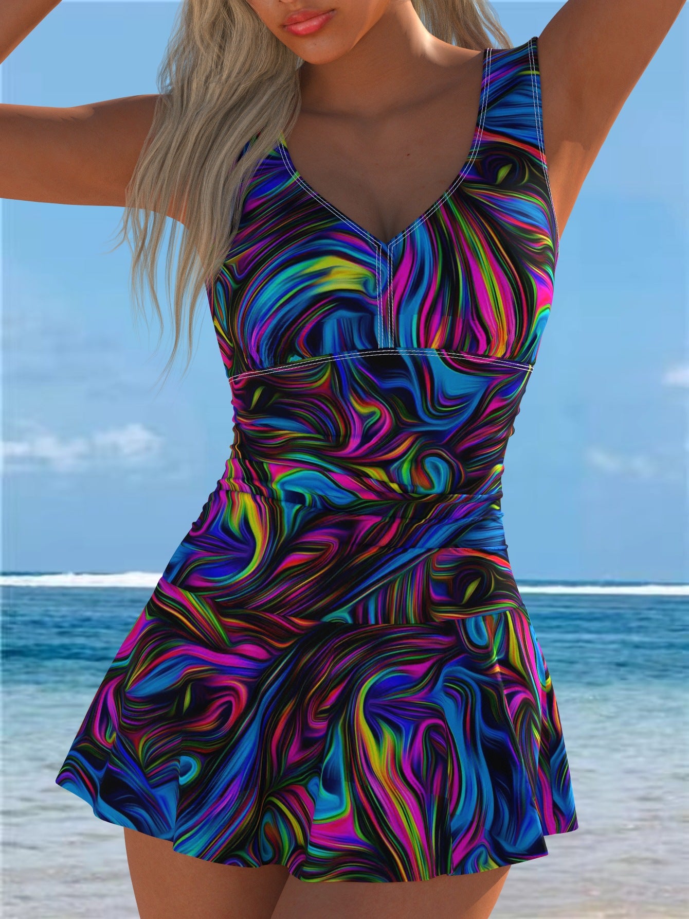Printed One-Piece Swimsuit with Skirt