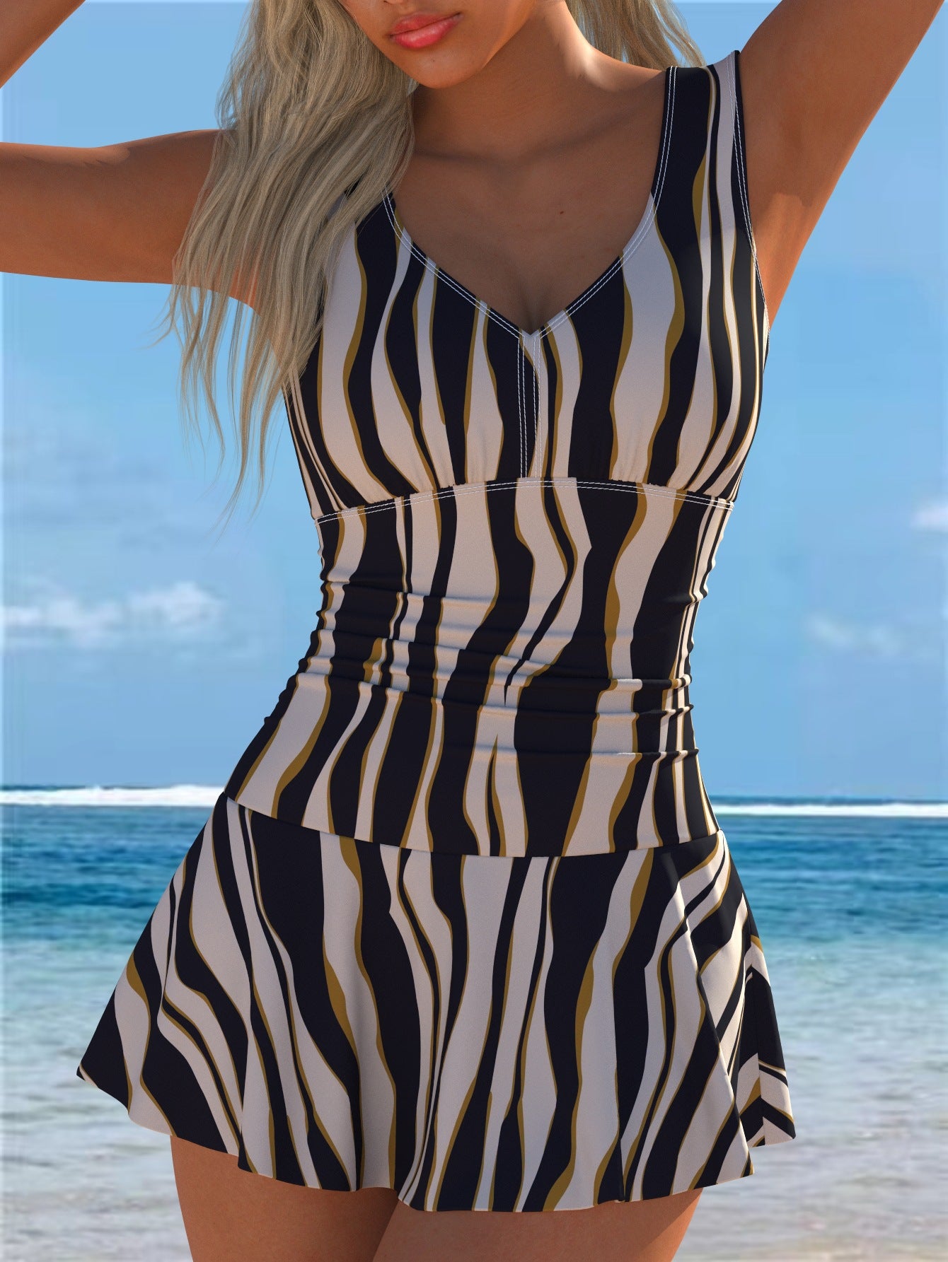Printed One-Piece Swimsuit with Skirt
