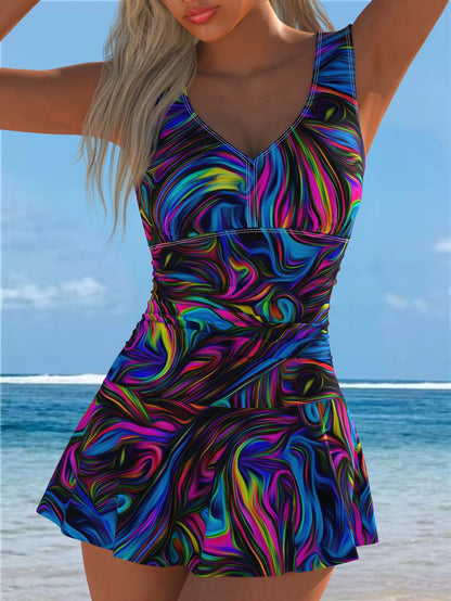 Printed One-Piece Swimsuit with Skirt