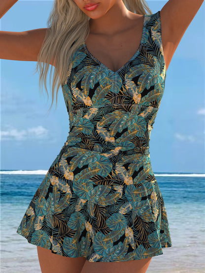 Printed One-Piece Swimsuit with Skirt