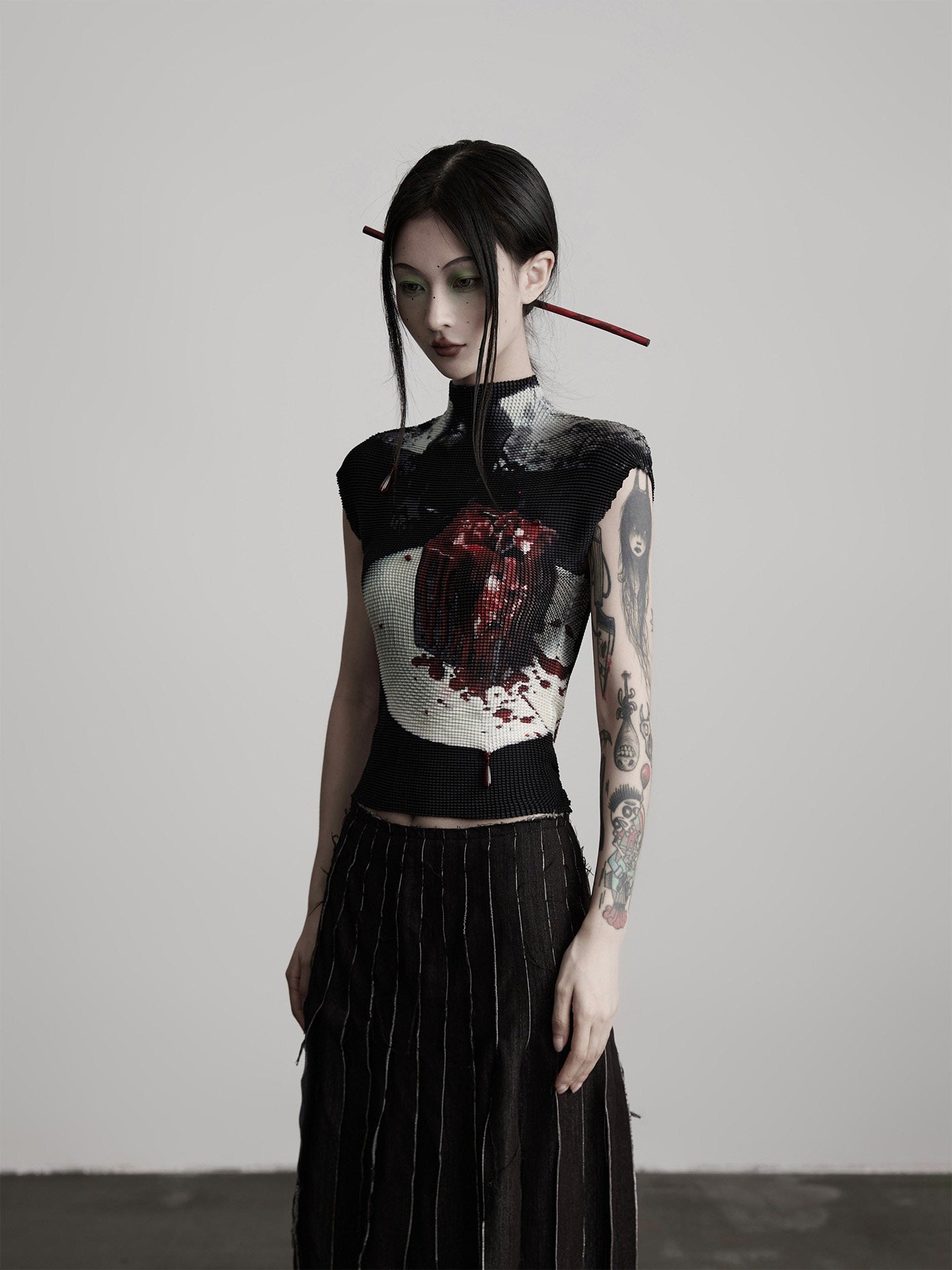 Printed Pleated Half-Turtleneck Short-Sleeve T-Shirt