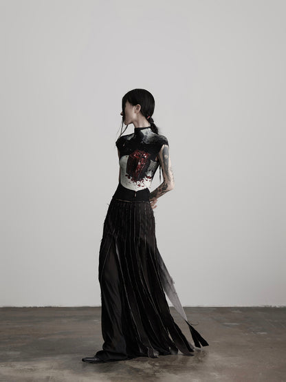 Printed Pleated Half-Turtleneck Short-Sleeve T-Shirt