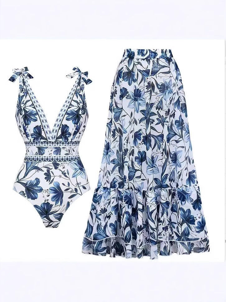 Printed Pleated Swimsuit Set