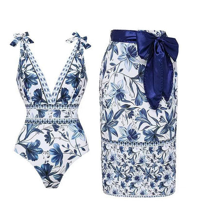 Printed Pleated Swimsuit Set
