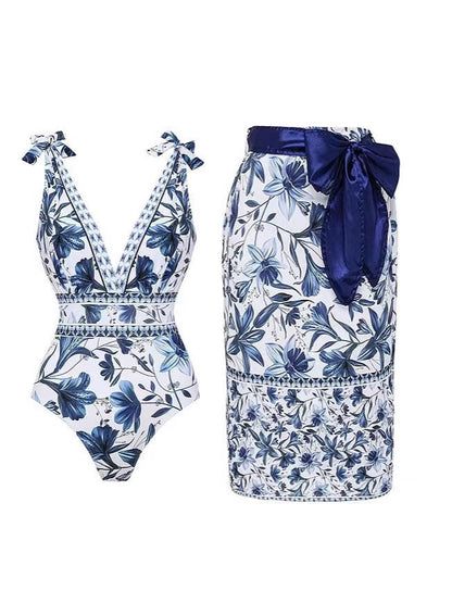 Printed Pleated Swimsuit Set