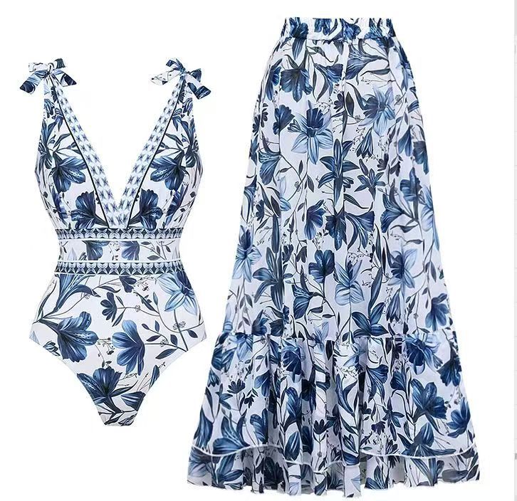 Printed Pleated Swimsuit Set